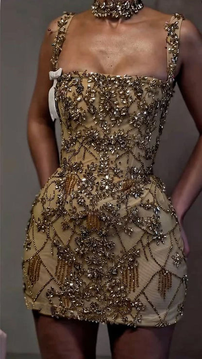 Luxury Sheath Square Neck Gold Short Formal Grade Homecoming Dresses Gold Cocktail Dress N4729