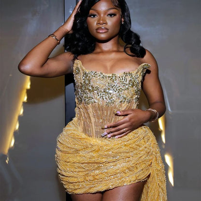 Gold Homecoming Dresses Prom Sheath Beaded Crystals Sequined Short Mini Party Graduation Cocktail Dresses N4731