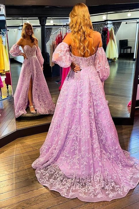 Modest A Line Sweetheart Lilac Lace With Slit Gloves Prom Dresses Long Sweet 16 Birthday Party Dress Evening Dresses AB1168