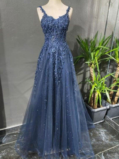 Modest A Line Spaghetti Strap Navy Blue Tulle Long Prom Dresses Graduation Dance Evening Outfits N048
