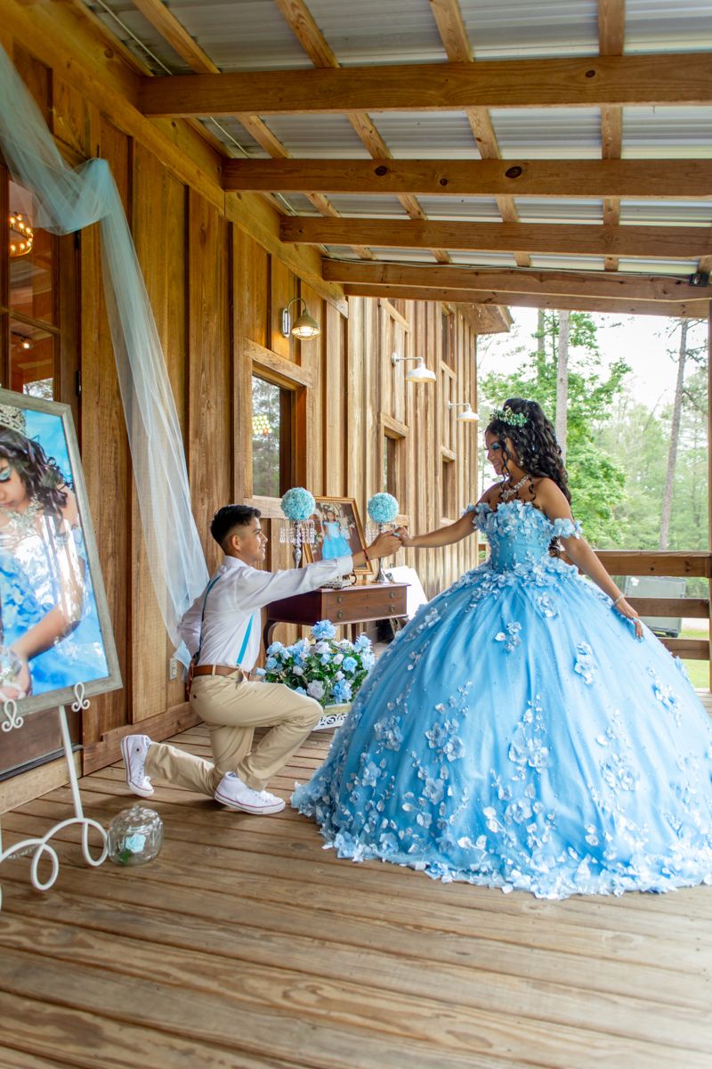 Charming Ball Gown Off The Shoulder Blue Flowers Satin Long Quinceanera Dress Sweet 15 16 Dresses RA096