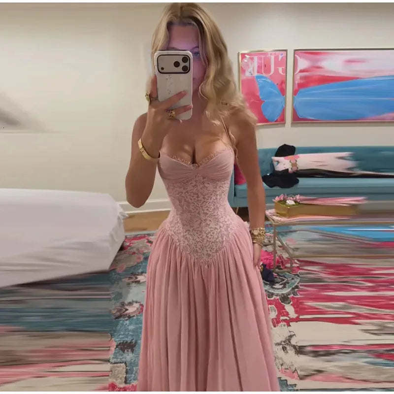 Princess A line Halter Lace Pink Chiffon Perfection-Formal Gown Goals Long Prom Dress Evening Party Formal Outfits RB6730