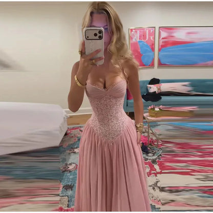 Princess A line Halter Lace Pink Chiffon Perfection-Formal Gown Goals Long Prom Dress Evening Party Formal Outfits RB6730