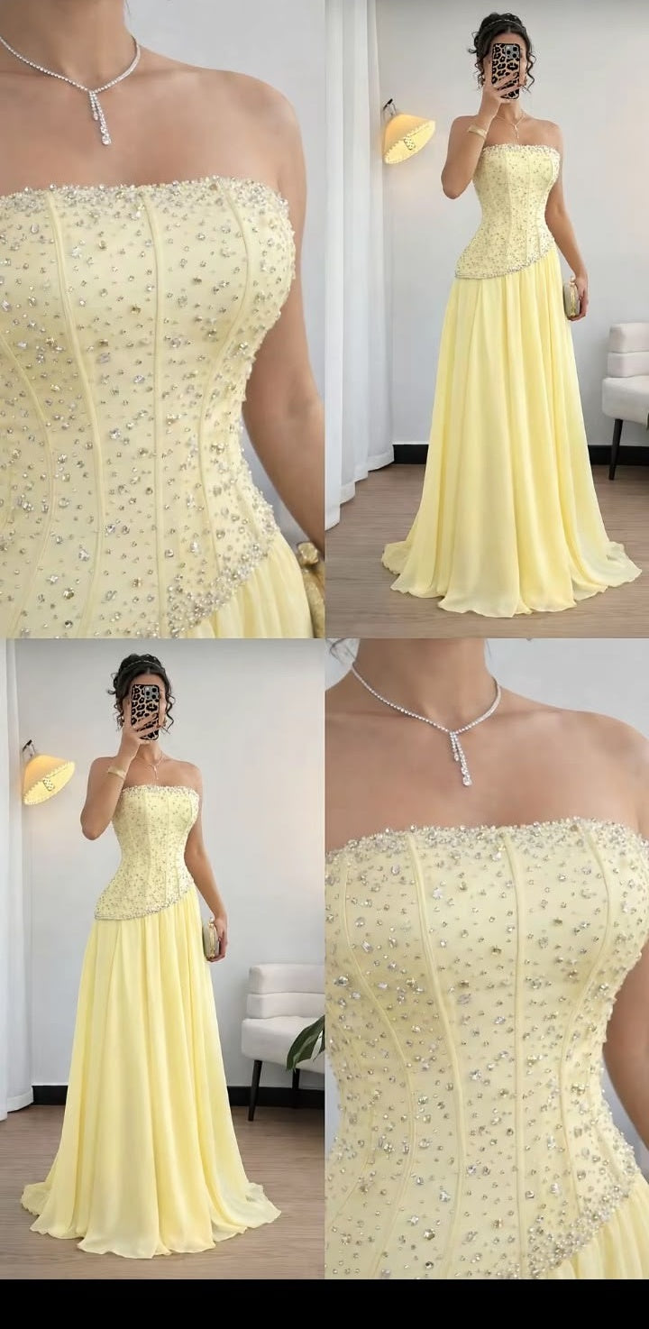 Dreamy A Line Strapless Yellow Chiffon Perfection-Formal Goals With Beading Long Prom Dress Evening Party Formal Outfits RB6698