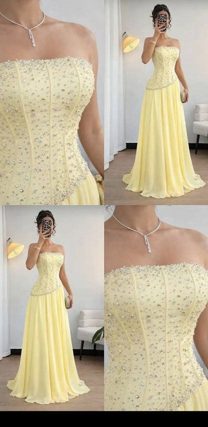 Dreamy A Line Strapless Yellow Chiffon Perfection-Formal Goals With Beading Long Prom Dress Evening Party Formal Outfits RB6698