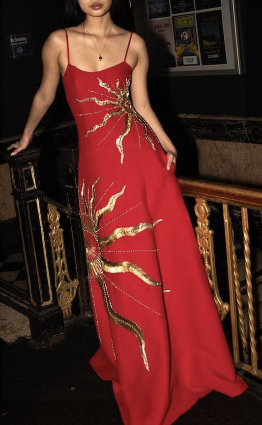Unique A Line Spagehtti Straps Red Satin With Gold Beads Long Prom Dresses Formal Gown Inspo Evening Outfits AB1377