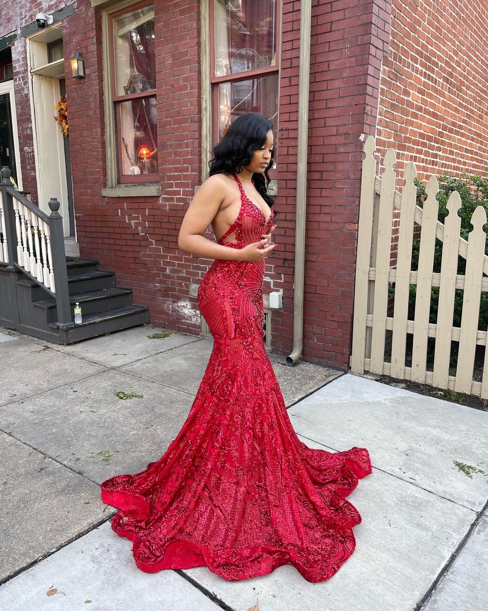 Unique Mermaid Halter Red Sequins Prom Dresses Long Party Dress 21st Birthday Outfits Graduation Dress AB276