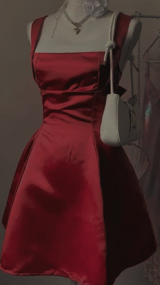 Flirty Short Homecoming Dresses A line Square Neck Red Satin Semi Formal Graduation Mini Hoco Outfit RB4629