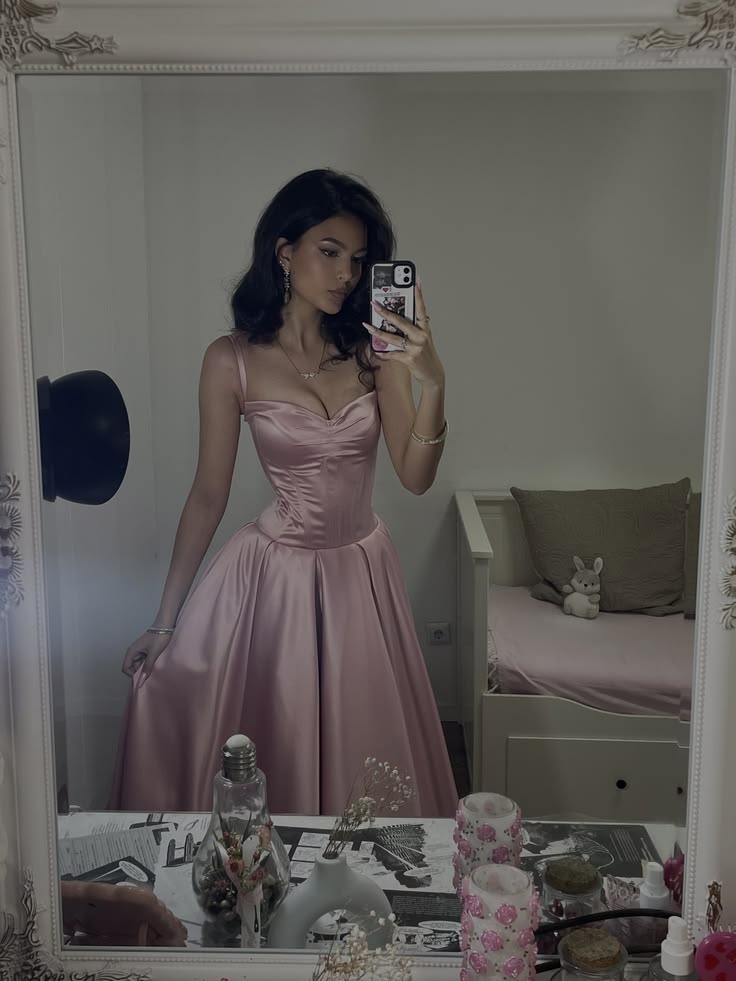 Elegant A line Spaghetti Straps Pink With Ruched Prom Dress Floor Length Evening Party Gown RB9557