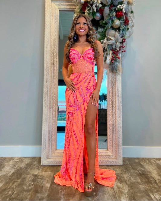 Unique Mermaid Spaghetti Straps Pink Sequins Slit For Teens Long Evening Dresses Prom Dress AB600