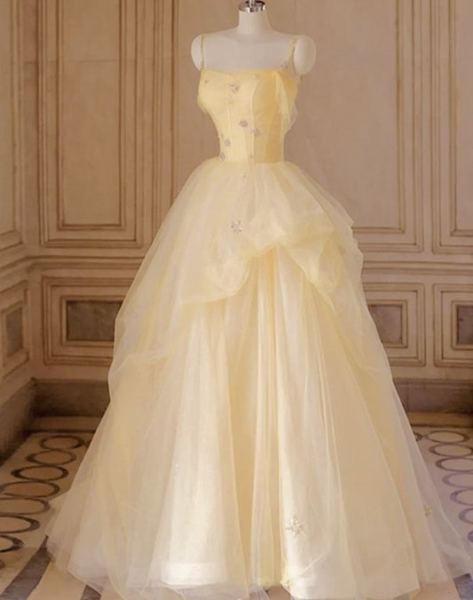 Unique Ball Gown Spaghetti Strap Yellow Tulle Prom Dresses With Flowers Long Party Dress 22th Birthday Outfits Graduation Dress AB289