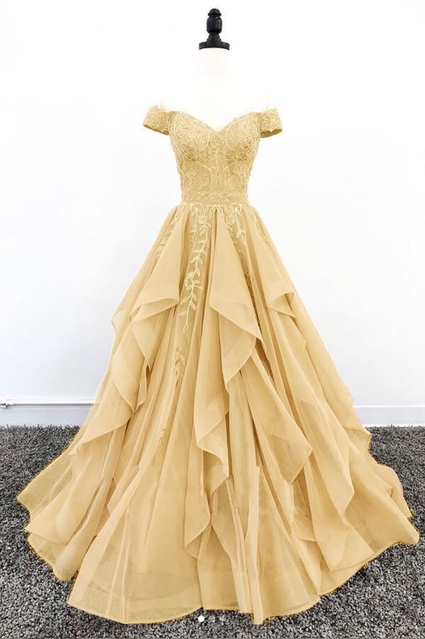 Unique Ball Gown Off The Shoulder Gold Chiffon Prom Dresses With Lace Long Party Dress 22th Birthday Outfits Graduation Dress AB286