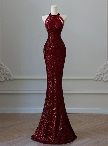 Sparkly Sequin Mermaid High Neck Burgundy Sequin With Beads Prom Dresses Inspiration Evening Gowns For Women Formal Party Prom Dress AB1191