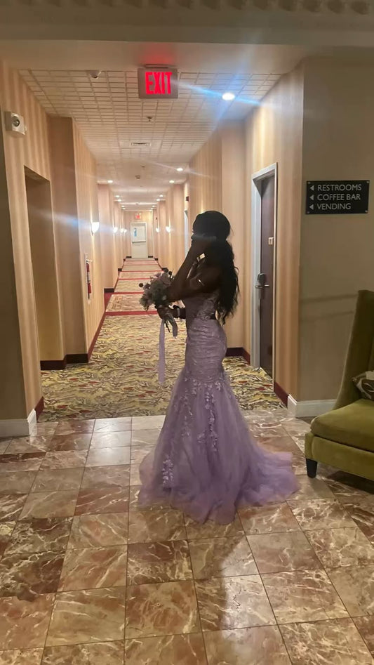 Charming Mermaid Spaghetti Straps Lilac Backless Lace Tulle Inspiration Long Prom Dresses Evening Party Dress Prom Gowns AB277