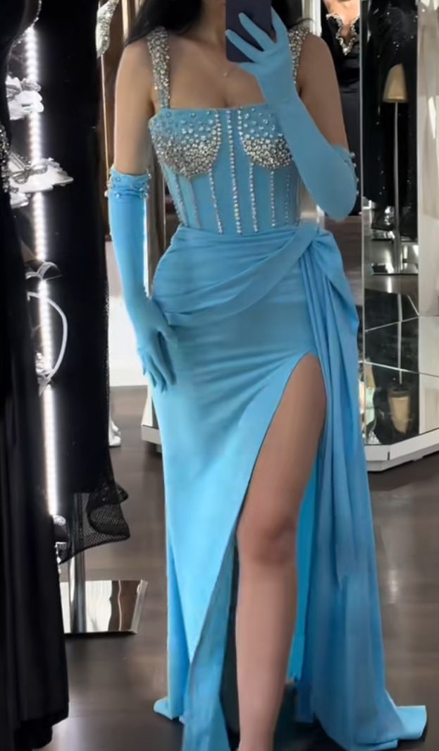 Prom Dress Sexy Mermaid Square Neck Blue Satin Slit Gloves For Teens Women Graduation Party Dress RC1060