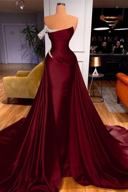 Modest Mermaid Off The Shoulder Marine Ball Dresses Long Formal Gown Burgundy Prom Dresses Evening Gowns AB826