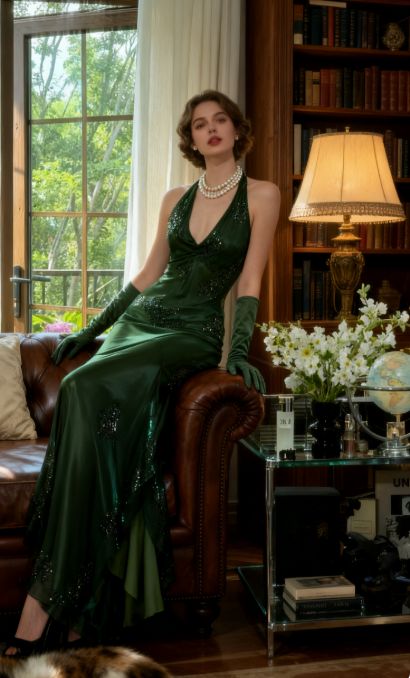 Green Halter Sheath Beaded Chiffon Long Prom Dresses Elegant Green Evening Gowns Dance Outfits N530