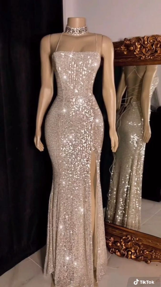 Sparkly Mermaid Spaghetti Strap Sequin Slit Prom Dresses Long Evening Formal Gown Wedding Party Gowns N368