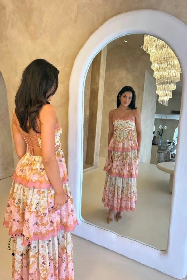 Elegant Spaghetti Straps Floral Print Ruffles Long Prom Dress Party Gowns AB484