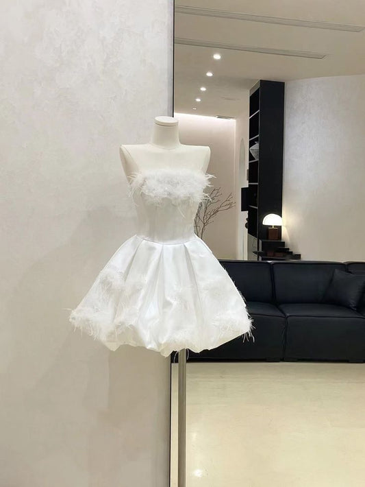 Pretty Ball Gown Strapless White Satin Mini Homecoming Dresses High Shool Grad Hoco Outfits RB4621