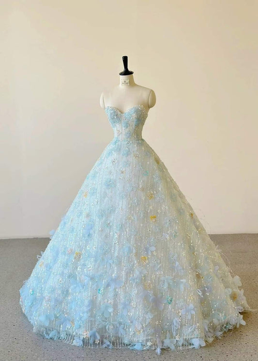 Vintage Ball Gown Sweetheart Light Sky Blue Sequins Flowers Long Quinceanera Dress Sweet 15 16 Dresses AB291