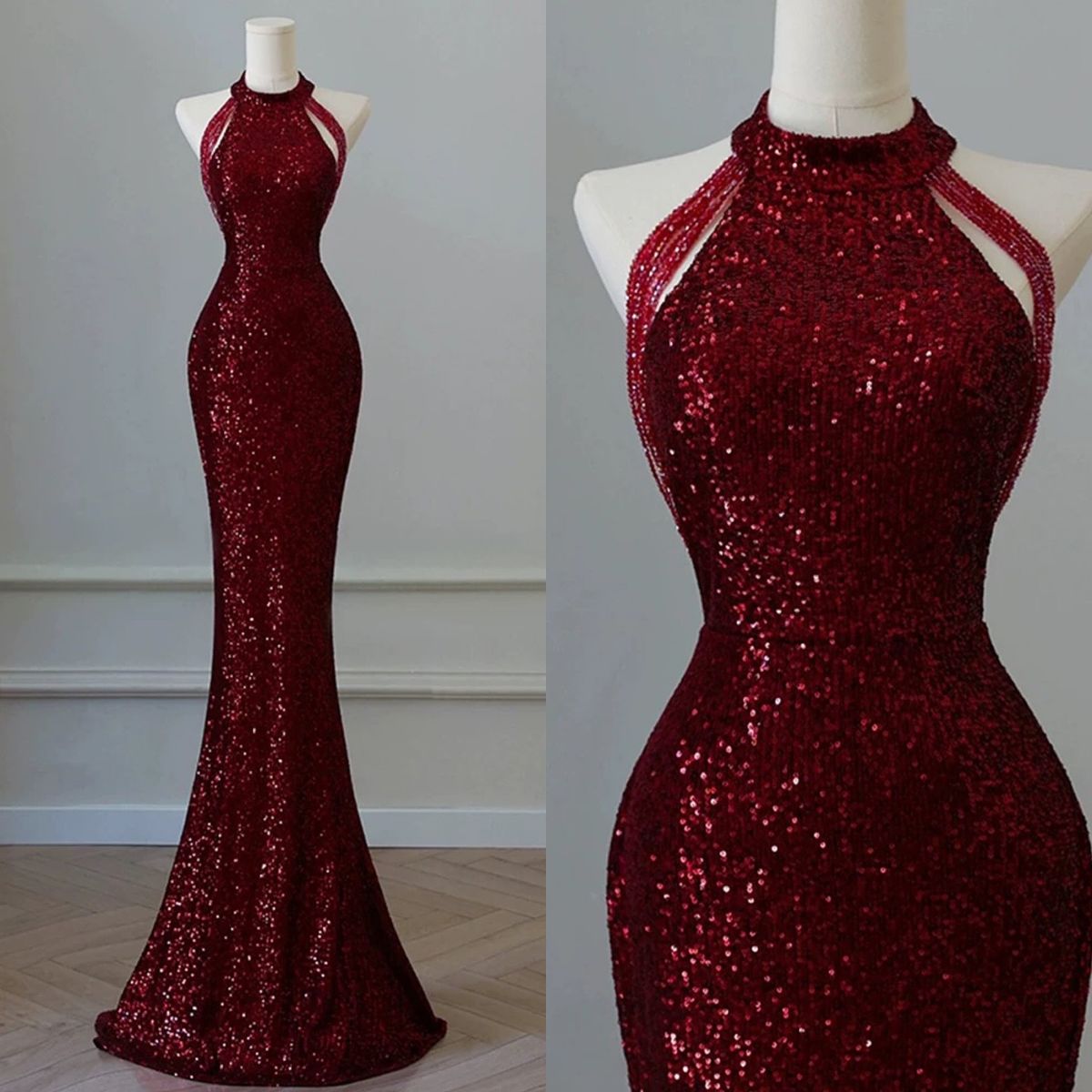 Sparkly Sequin Mermaid High Neck Burgundy Sequin With Beads Prom Dresses Inspiration Evening Gowns For Women Formal Party Prom Dress AB1191