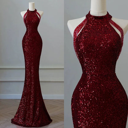Sparkly Sequin Mermaid High Neck Burgundy Sequin With Beads Prom Dresses Inspiration Evening Gowns For Women Formal Party Prom Dress AB1191
