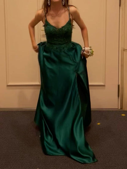 Modest A line Spaghetti Strap Dark Green Satin Prom Dresses Long for Women Formal Evening Gown AB162