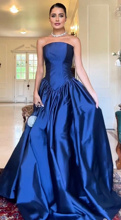 Chic Ball Gown Strapless Royal Blue Satin Prom Dresses Long for Women Formal Evening Gowns AB177