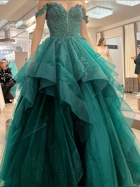 Modest Ball Gown Off The Shoulder Tulle Lace Appliqued Green Long Prom Dress Evening Formal Gowns AB470