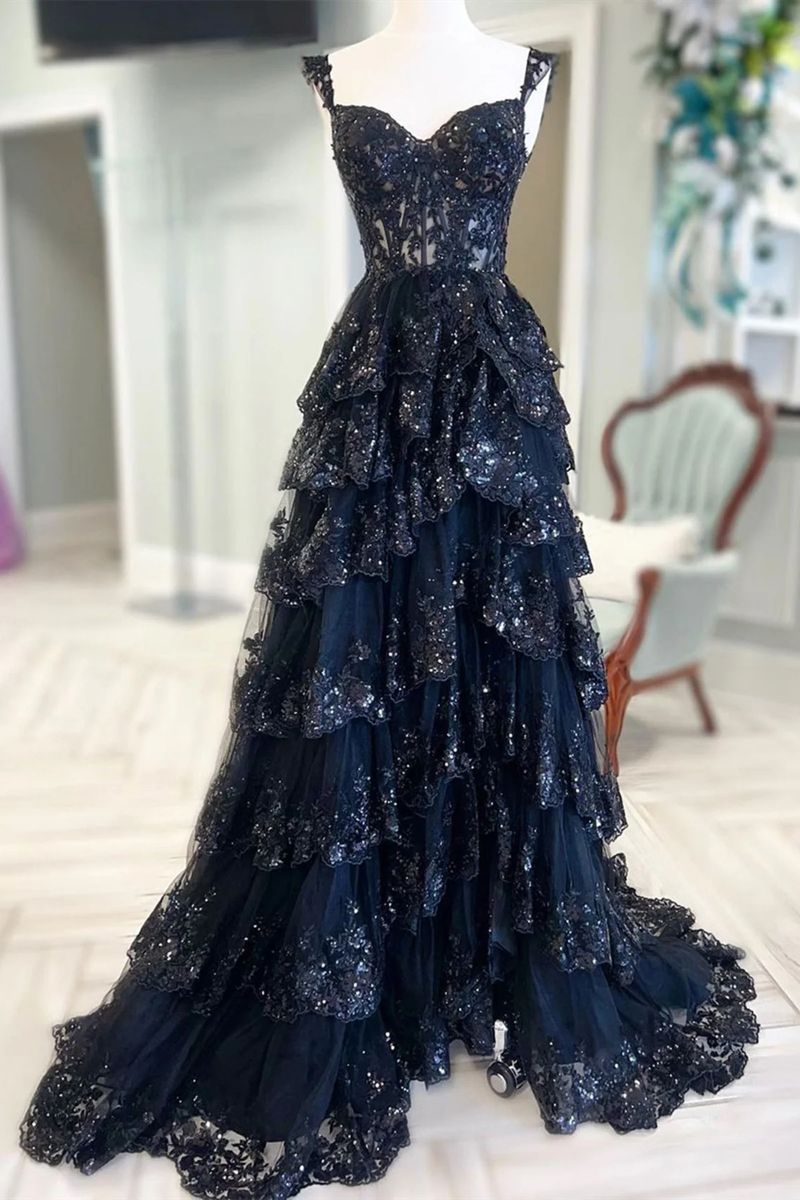 Sparkly Sleeveless Spaghetti Straps Sequins Ball Gown Navy Blue Prom Dresses AB457