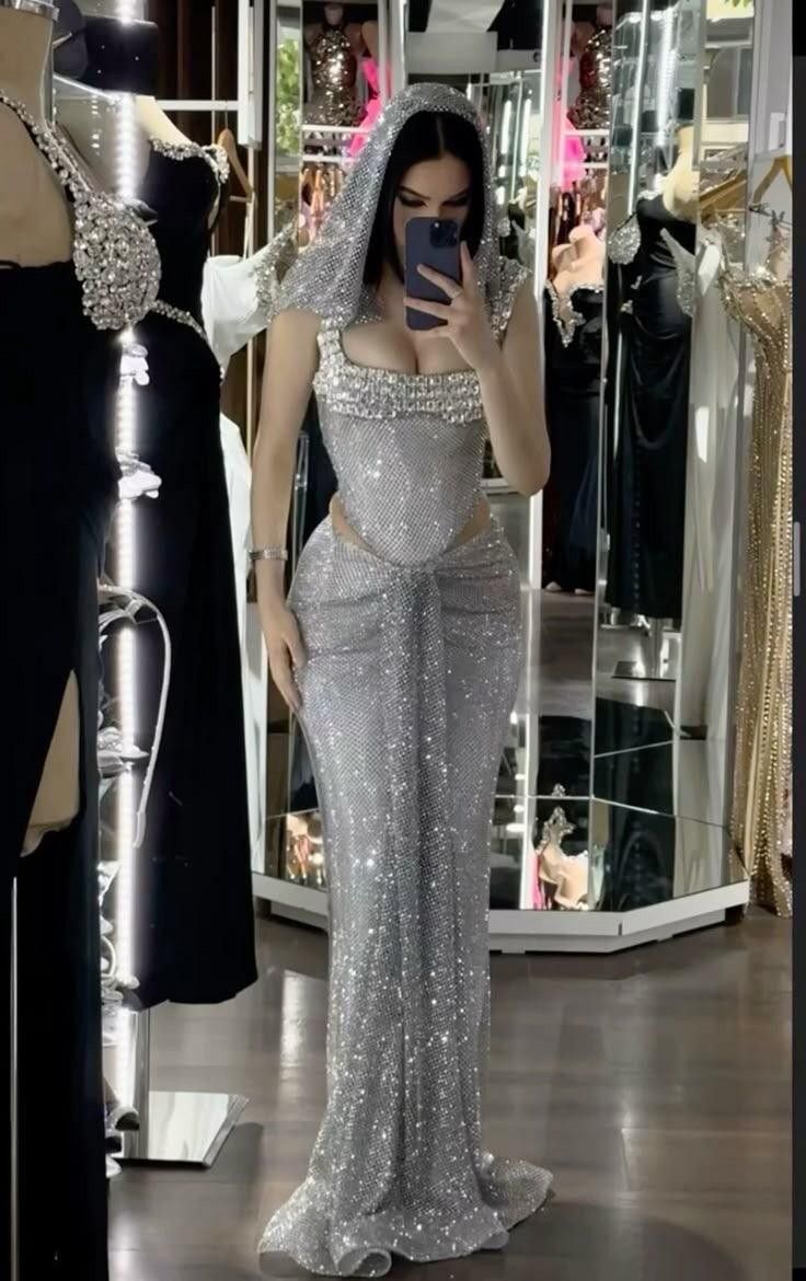 Modest Mermaid Square Neck Silver Sequin Prom Dresses With Beads Gem Evening Party Formal Gown 20th Birthday Outfits AB823