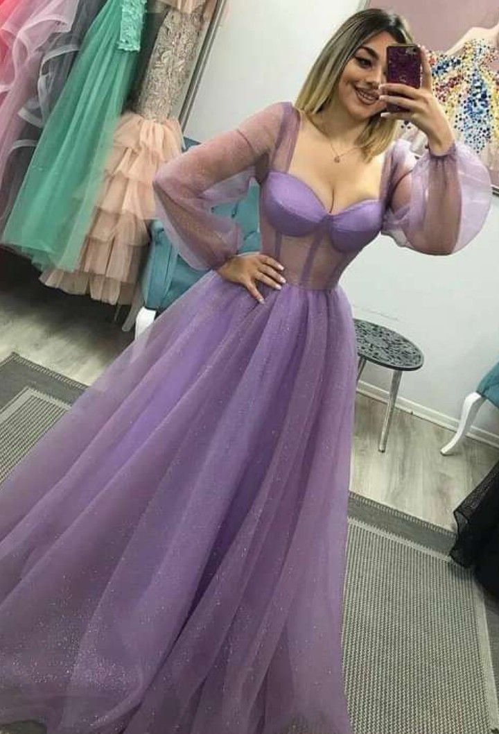 New Women’s Prom Dress A line Lilac With Long Sleeves Elegant Formal Graduation Party Gown RB9512