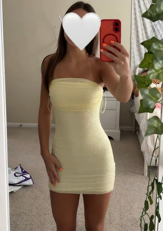Glitter Sheath Strapless Yellow Sequined Homecoming Dresses Party Outfit Birthday Dress Cocktail Outfits RB6273