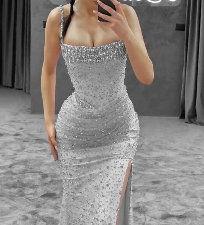 Unique Mermaid Spaghetti Straps Silver Sequin Pink Prom Dresses Long Party Dress 22th Birthday Outfits Formal Gown RA002