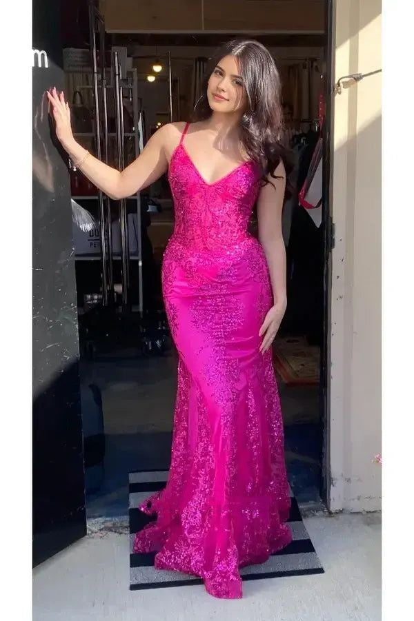 Glitter Mermaid Prom Dress Women Hot Pink Sequins Long Formal Dance Evening Party Gowns AB1716