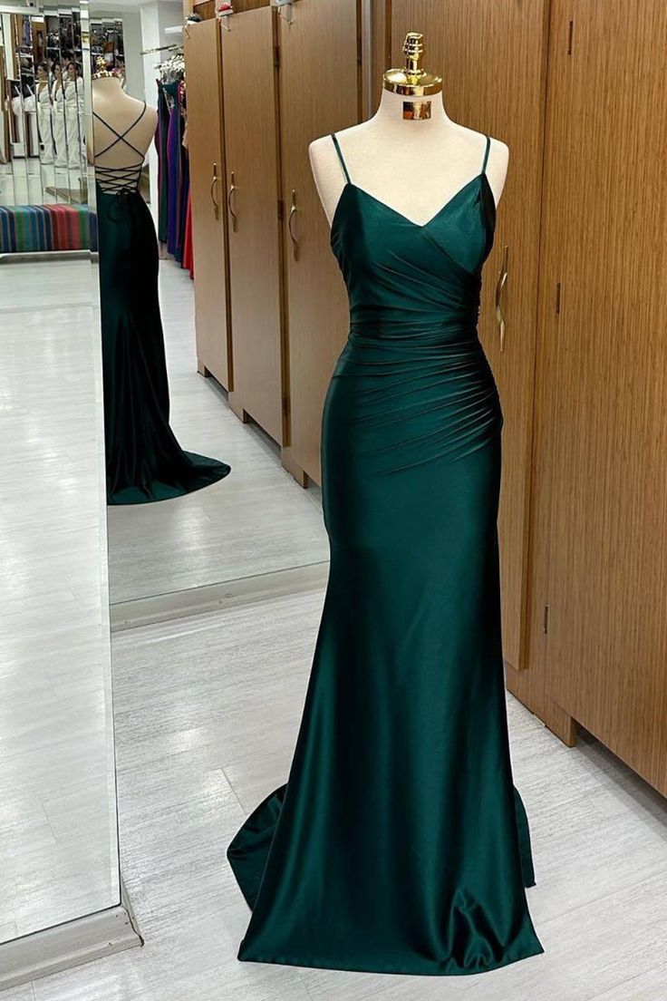 Shinning Mermaid Spaghetti Straps Dark Green Satin For Women Party Dresses Long Formal Prom Dress 22th Birthday Gown AB1362
