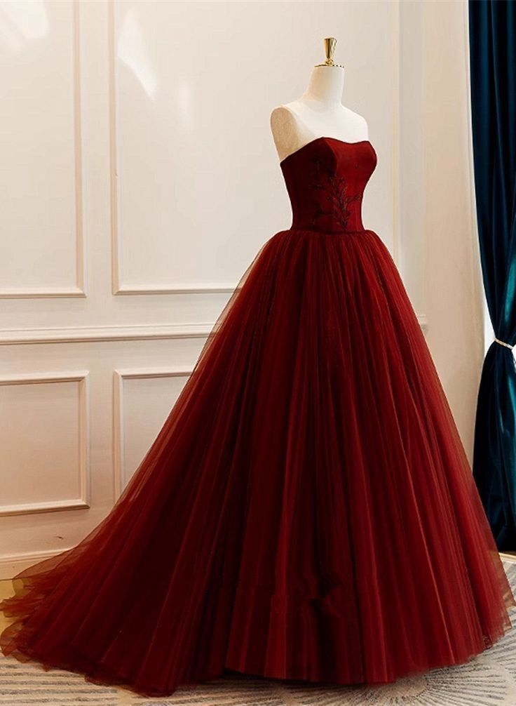 Unique Ball Gown Strapless Burgundy Tulle Prom Dresses With Lace Long Party Dress 22th Birthday Outfits Graduation Dress AB288