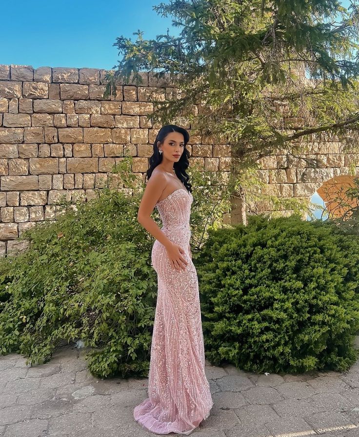 Glitter Bodycon Pink Strapless Long Prom Dresses Mermaid Bodycon For Women N4152
