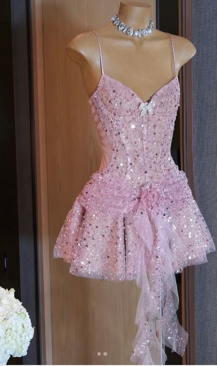 Pink Spaghetti Strap 16th Birthday Dress Glitter Sequin A-Line Homecoming Dresses N4737