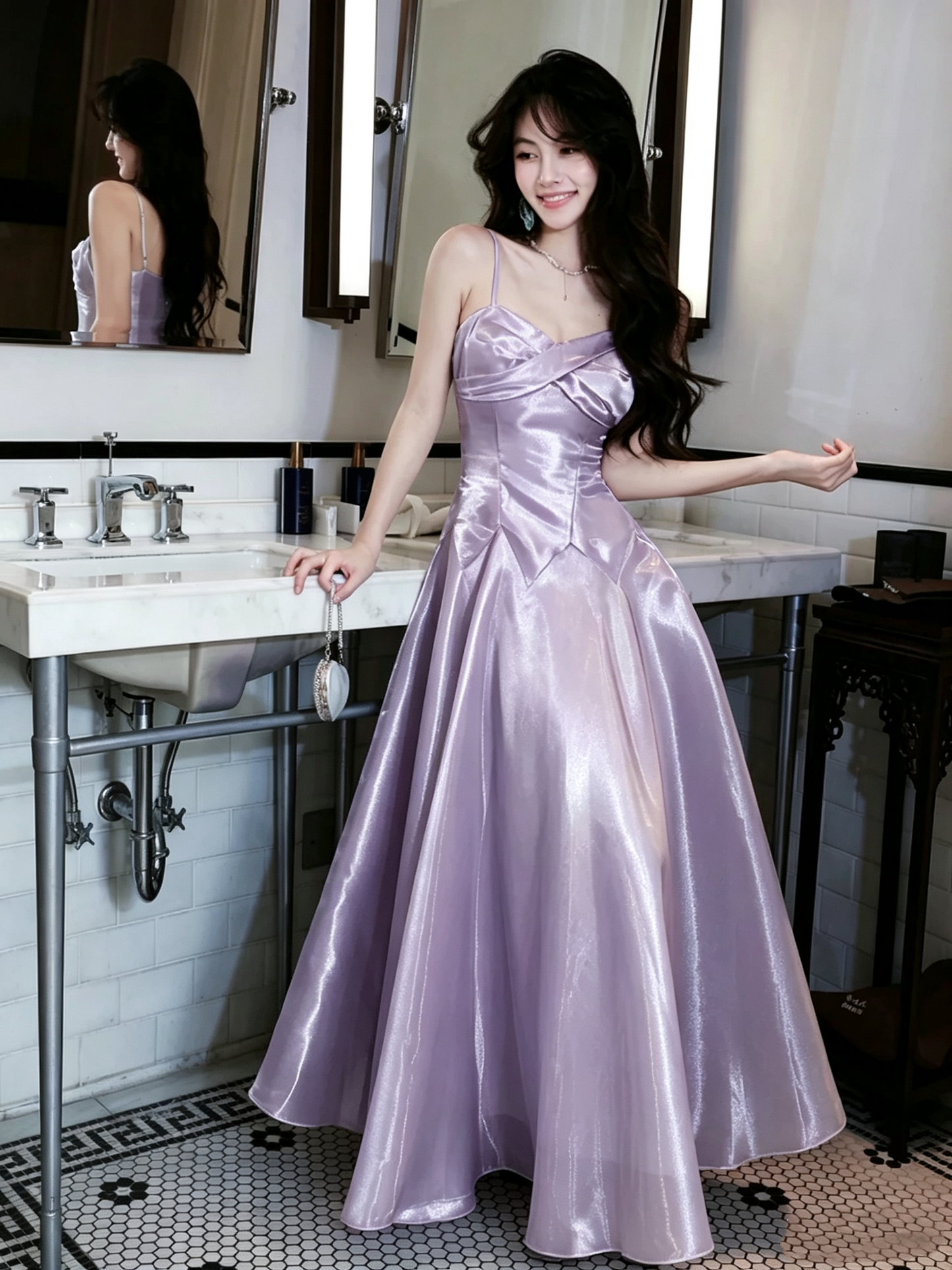 Simple A Line Spaghetti Straps Light Blue Satin Inspiration Long Wedding Party Guest Dresses N2071