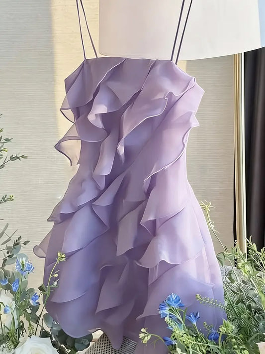 Cute A Line Birthday Dress Spaghetti Straps Lilac Chiffon Homecoming Dress Short Party Outfits RB8194