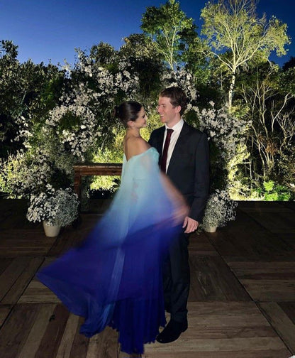 Modest A line Off The Shoulder Chiffon Multi Ombre Color Green Blue Senior Prom Dresses Long Formal Party Gown AB388