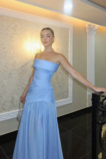 Gorgeous Chic Blue Strapless Sleeveless A Line Long Prom Dresses With Pleated Formal Gowns AB393