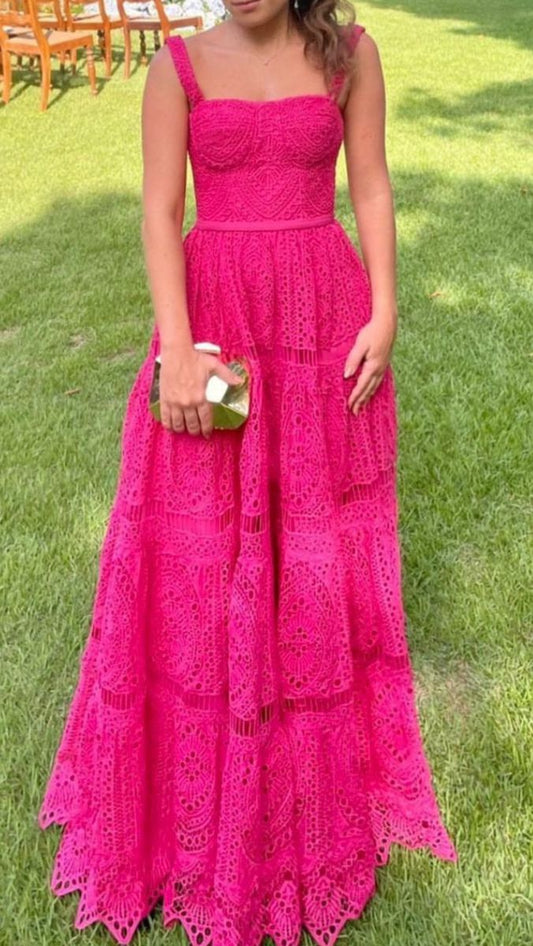 Modest A line Spaghetti Strap Hot Pink Lace Senior Prom Dresses Long Formal Party Gowns AB401