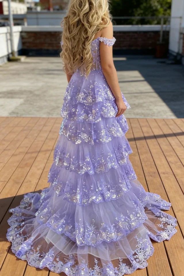 Sparkly Ball Gown Off The Shoulder With Lace Slit For High School Teens Girls Prom Dresses Sequin Long Formal Evening Party Gowns N792