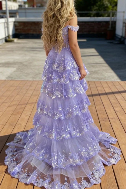 Sparkly Ball Gown Off The Shoulder With Lace Slit For High School Teens Girls Prom Dresses Sequin Long Formal Evening Party Gowns N792