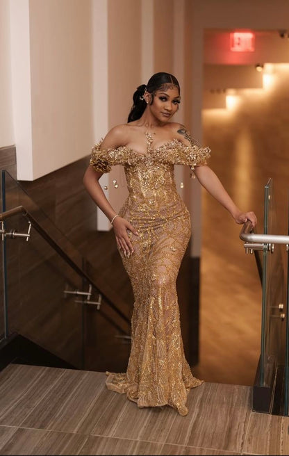 Glittery Mermaid Off The Shoulder Prom Dresses For Black People Girls Gold Sequin Beaded Crystals Long Formal Evening Party Gown N818