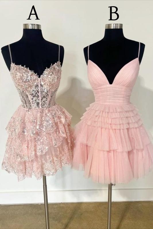 Cute Ball Gown Spaghetti Straps Pink Short 15th Birthday Dress Middle School Semi Homecoming Dresses Cocktail Outfits RB009