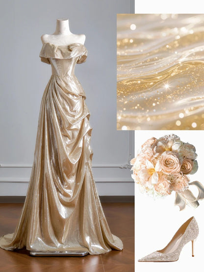 Sparkling Mermaid Off The Shoulder Gold Satin Long Prom Dresses Impress 18th Birthday Outfits Party Gown N390